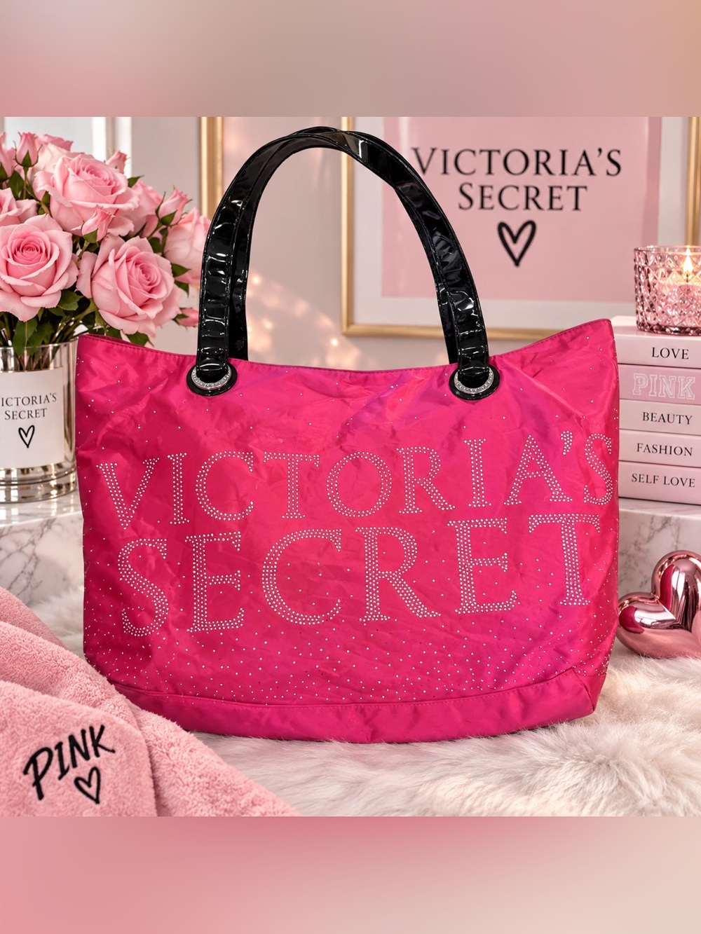 Victoria’s Secret Pink Rhinestone Tote Bag – Hot Pink & Black